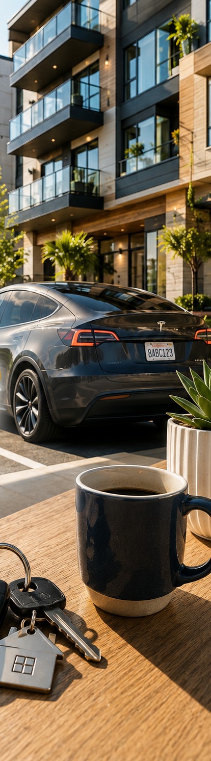 Vehicle outside a California residential building with house and car keys in the foreground